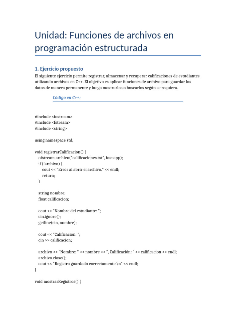 Funciones de Archivos en C++ para Calificaciones | PDF | C ...