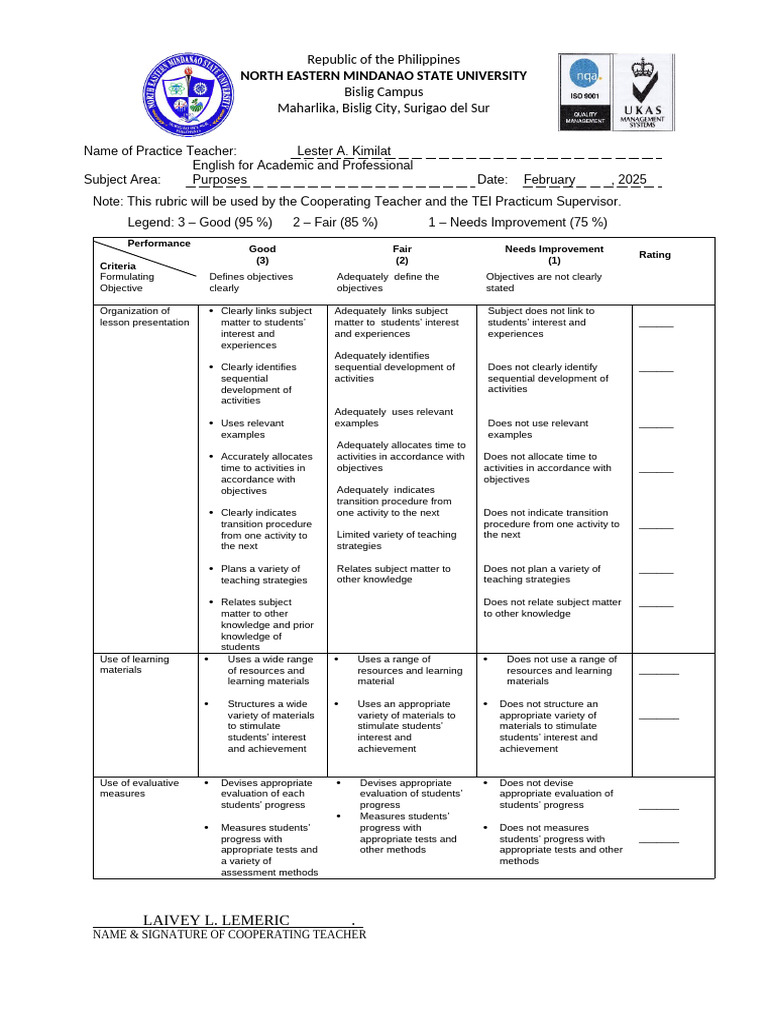 English Teaching Evaluation Rubric | PDF | Educational Assessment ...