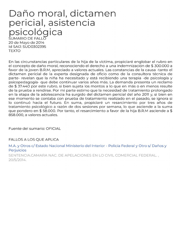 Daño Moral, Dictamen Pericial, Asistencia Psicológica | PDF