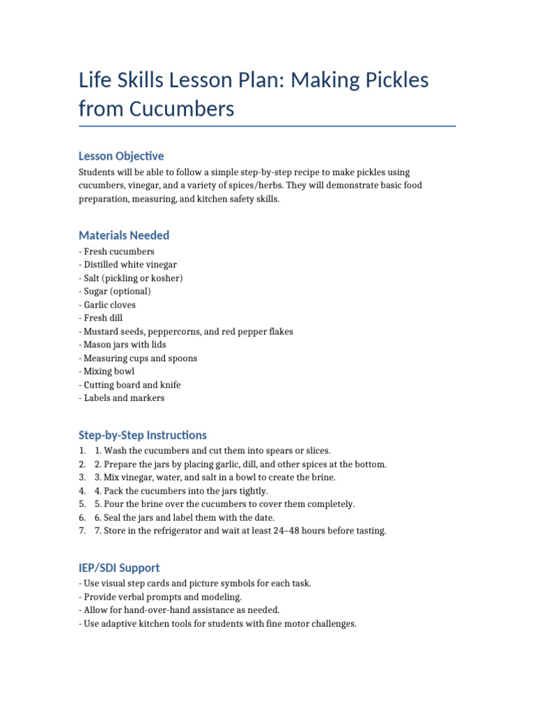 Life Skills Lesson Pickling Cucumbers | PDF