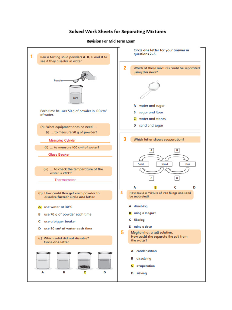 Solved Worksheet For Separating Mixtures | PDF