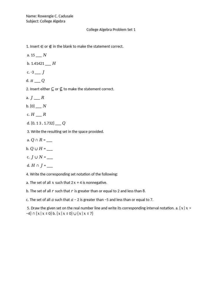 College Algebra Problem Set 1 | PDF