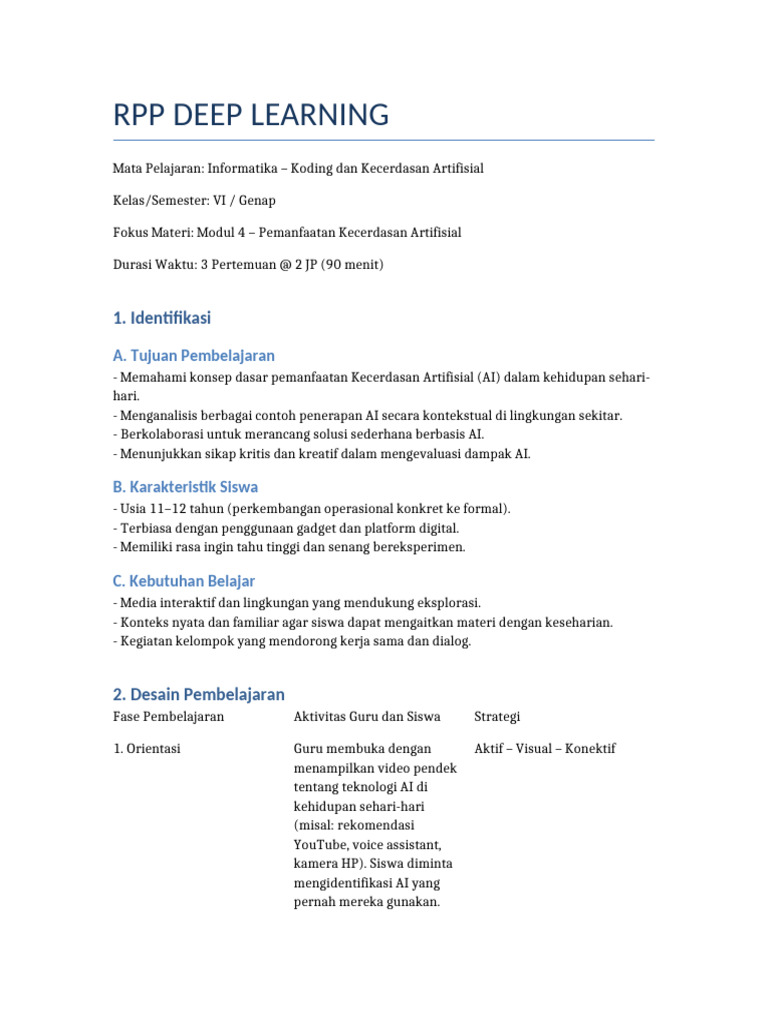 RPP Deep Learning Kelas 6 AI | PDF