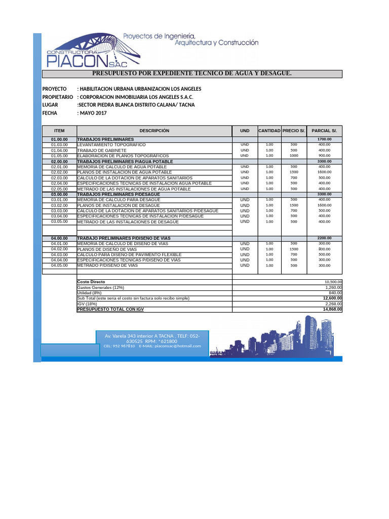 Presupuesto Agua y Desagüe Urbanización | PDF | Suministro de agua ...