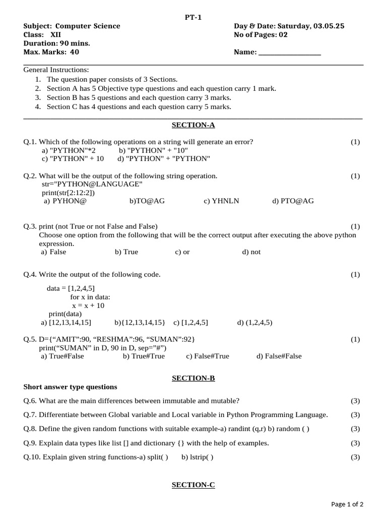 Computer Science Class XII PT-1 Exam | PDF | Parameter (Computer ...
