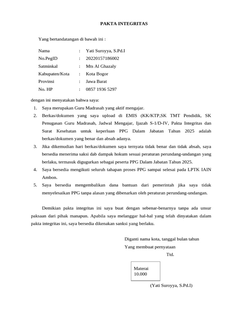 Template Pakta Integritas | PDF