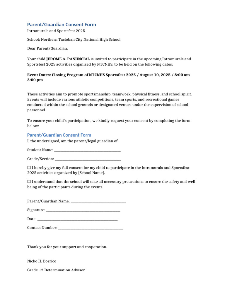 Parent Consent for Sportsfest 2025 | PDF