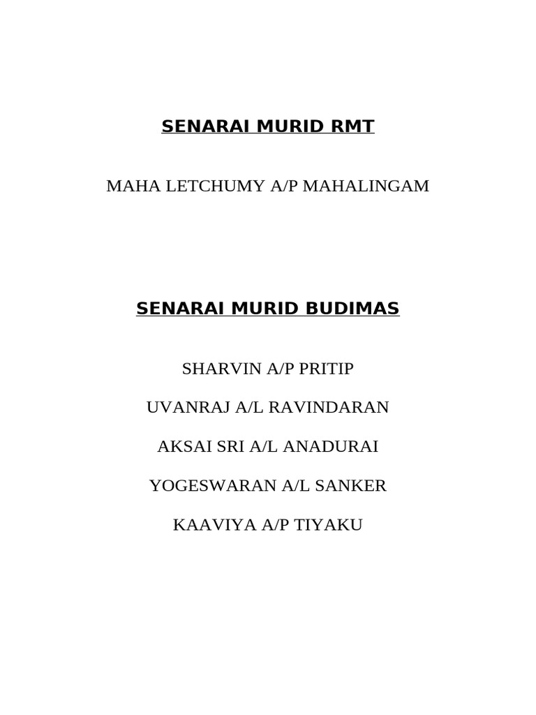 Senarai Murid RMT | PDF