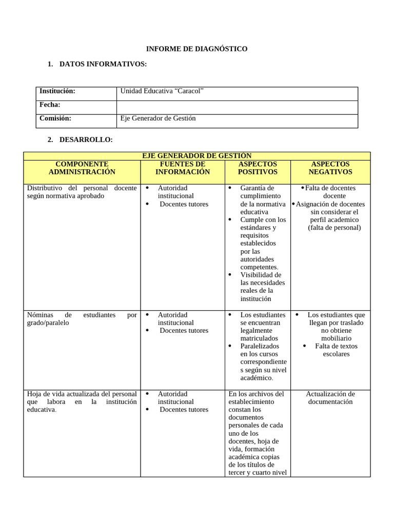 Diagnóstico de Gestión Educativa Caracol | PDF | Enseñando | Plan de ...