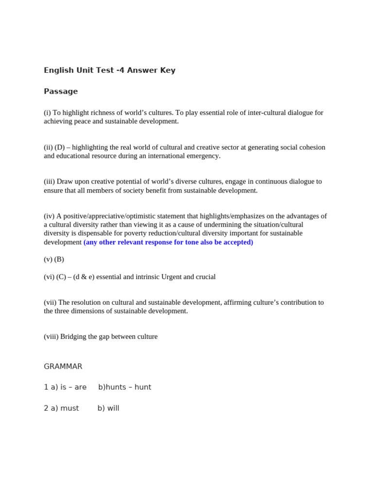 English Unit Test 4 Answer Key | PDF | Anger | Sustainable Development