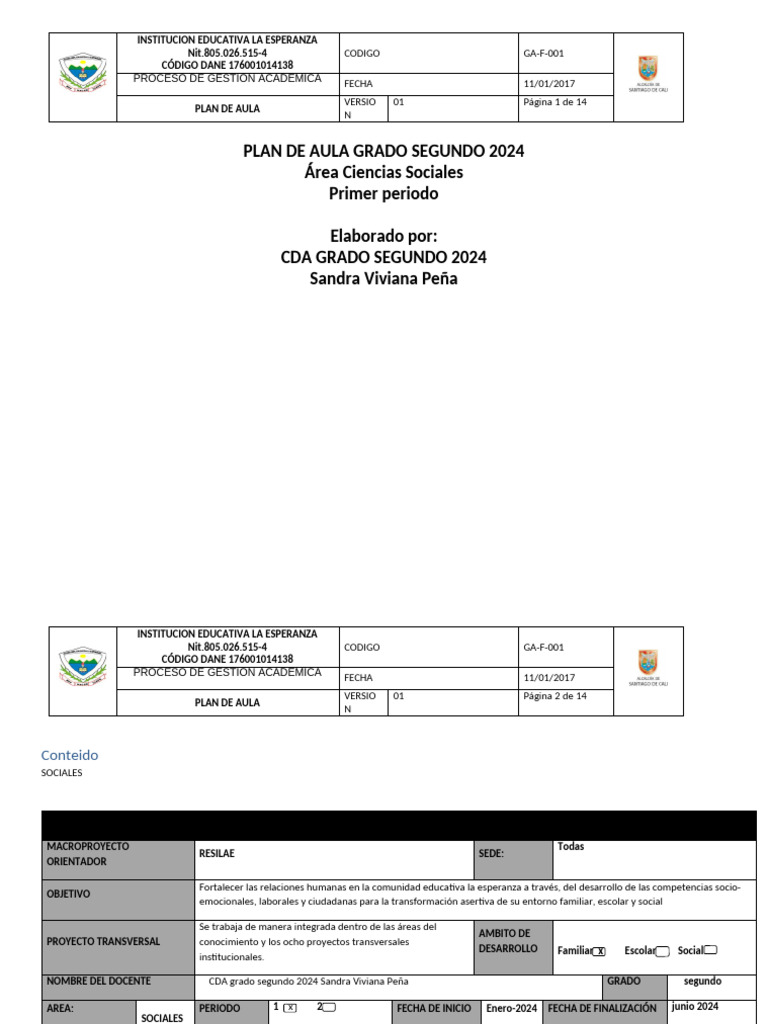 Plan de Aula Segundo Grado 2024 | PDF | Paisaje | Salón de clases