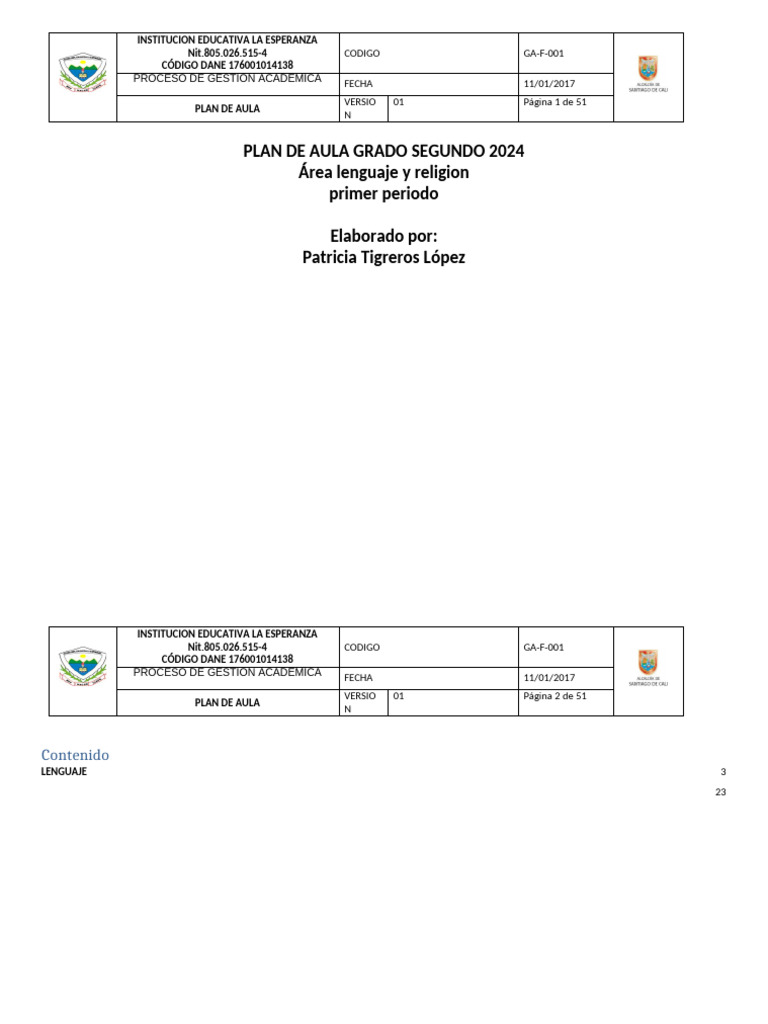 Plan de Aula Segundo Grado 2024 | PDF | Comunicación | Salón de clases