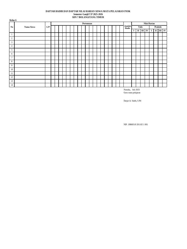 Format Absen PJOK SD Kurikulum Merdeka | PDF