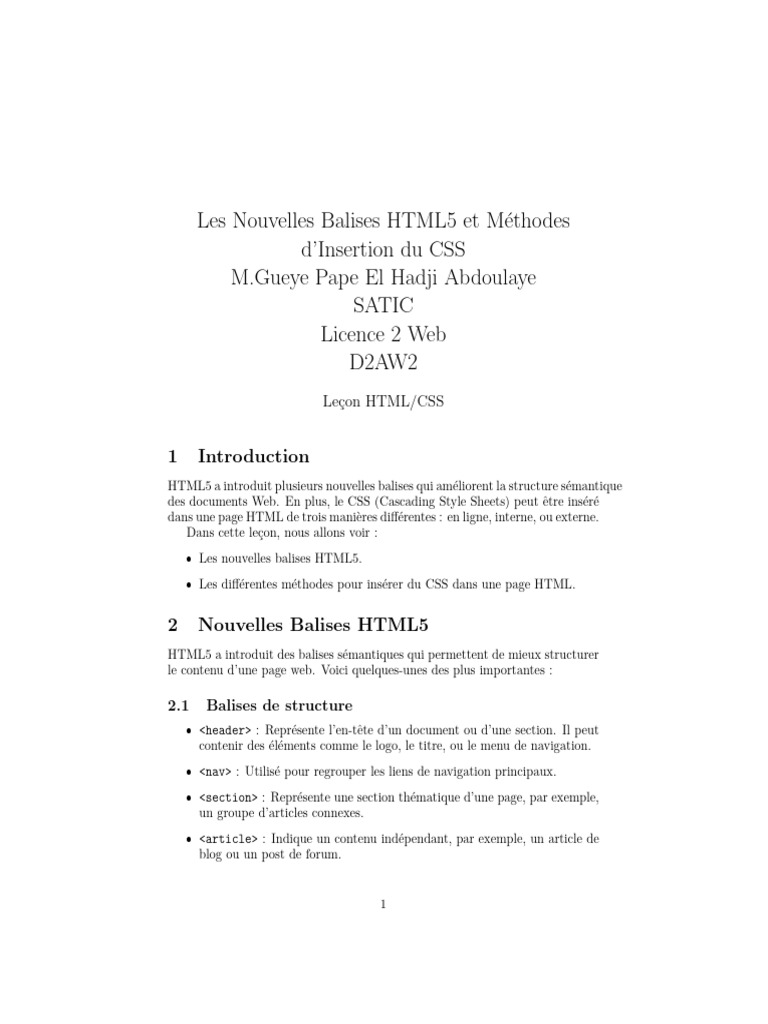 Nouvelles Balises HTML5 et CSS | PDF | Html | HTML5
