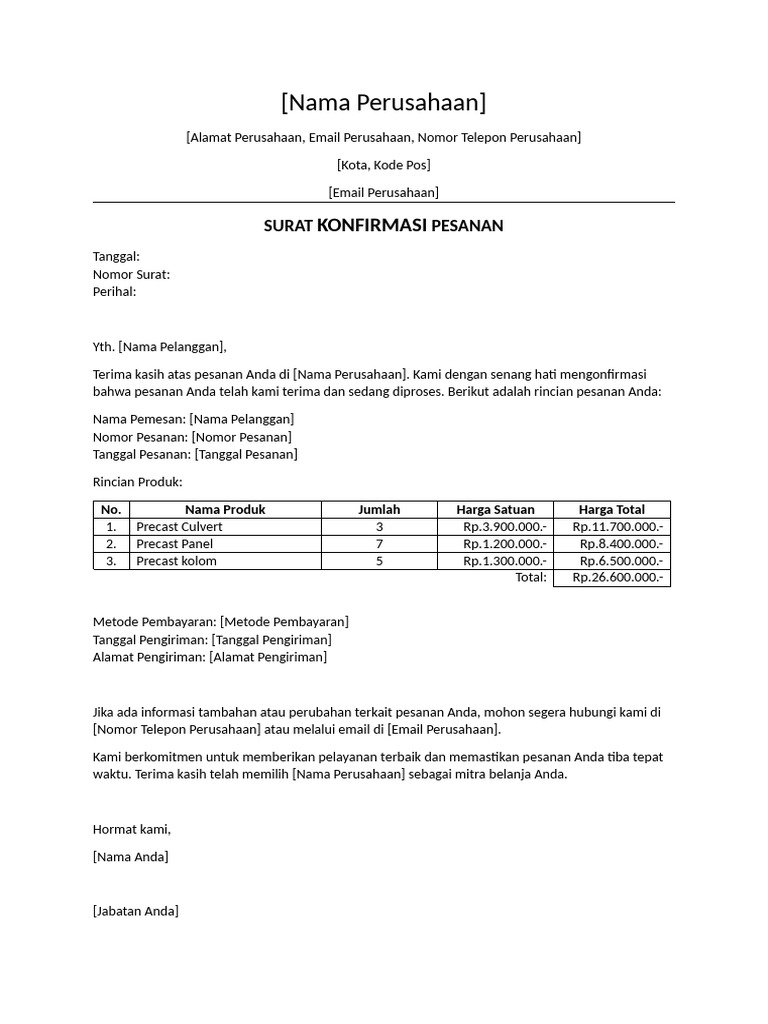Surat Konfirmasi Pesanan Barang | PDF