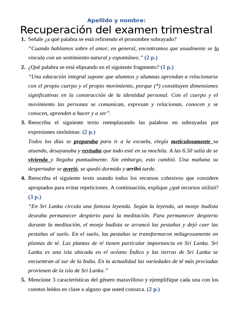 Examen Trimestral de Lengua y Literatura | PDF | Sri Lanka