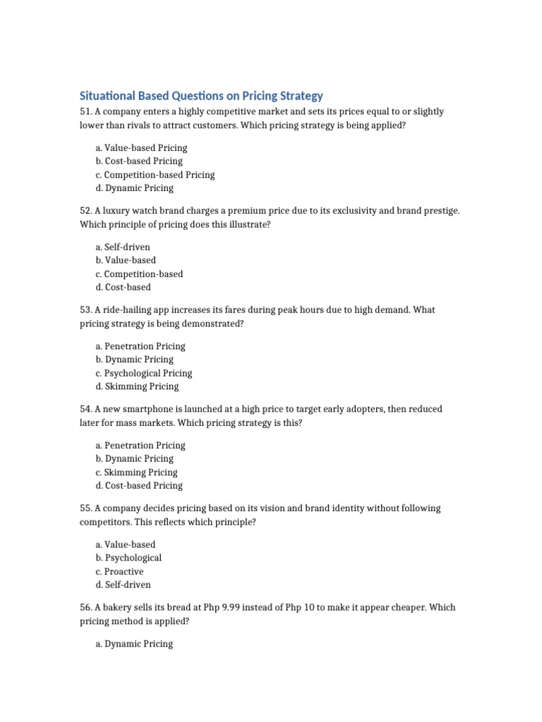 Pricing Strategy Situational Questions | PDF | Pricing | Financial Markets
