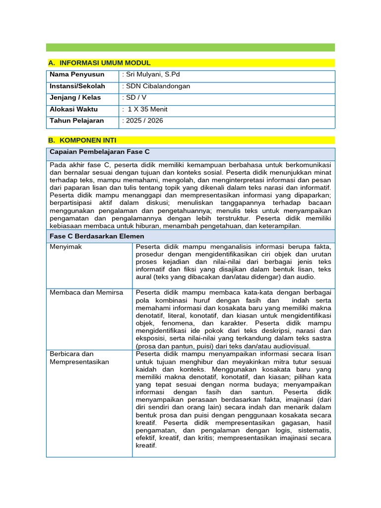 Modul Ajar B.indonesia Kelas 5 - BAB 1 Juli 2025 | PDF