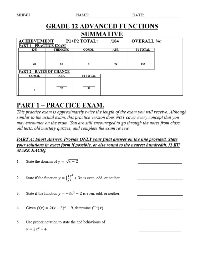 Grade 12 Advanced Functions Exam Prep | PDF | Chess | Chess Theory