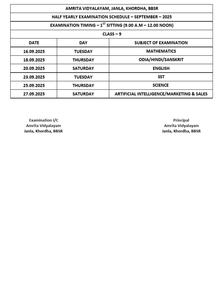 Class - 9 - Hly Exam Schedule - 28.08.2025 | PDF