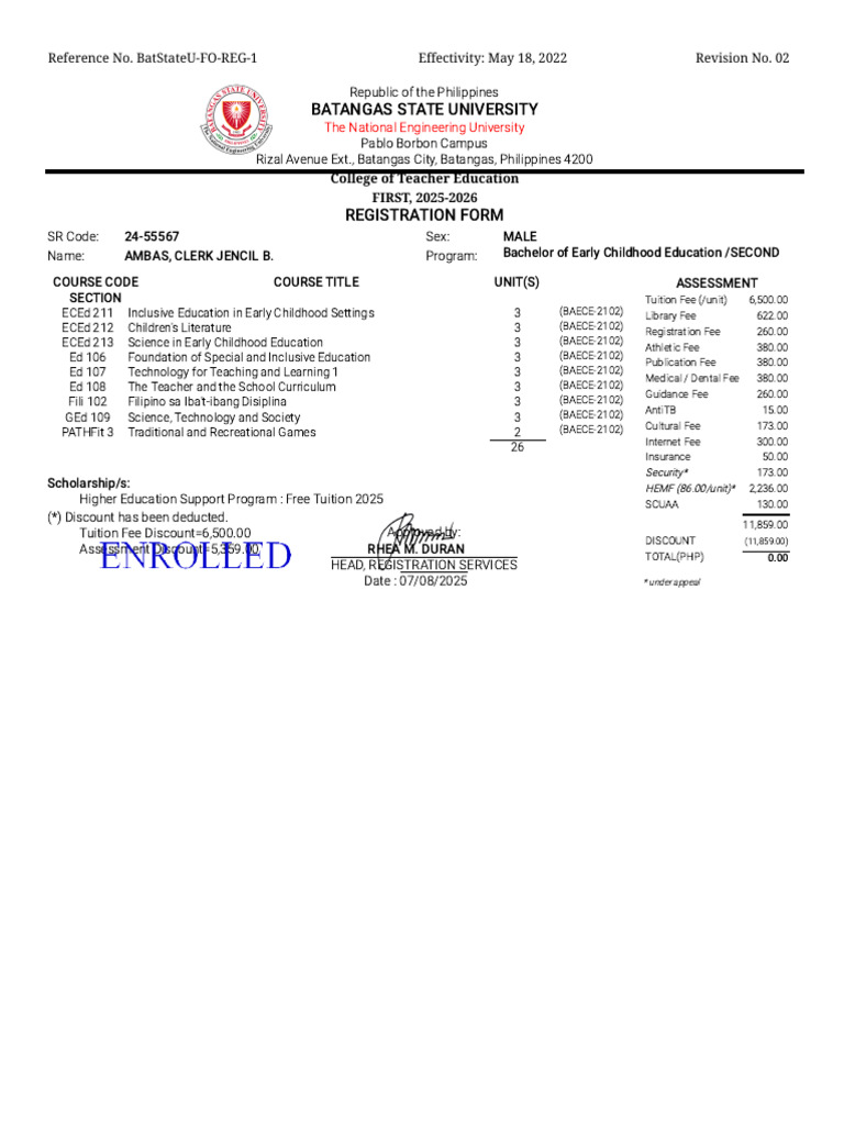 BatStateU 2025-2026 Registration Form | PDF