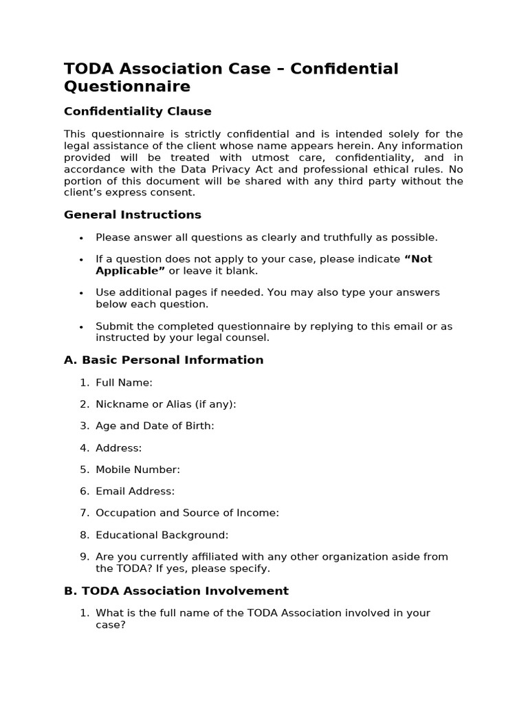 TODA Association Confidential Questionnaire | PDF | Complaint | Justice