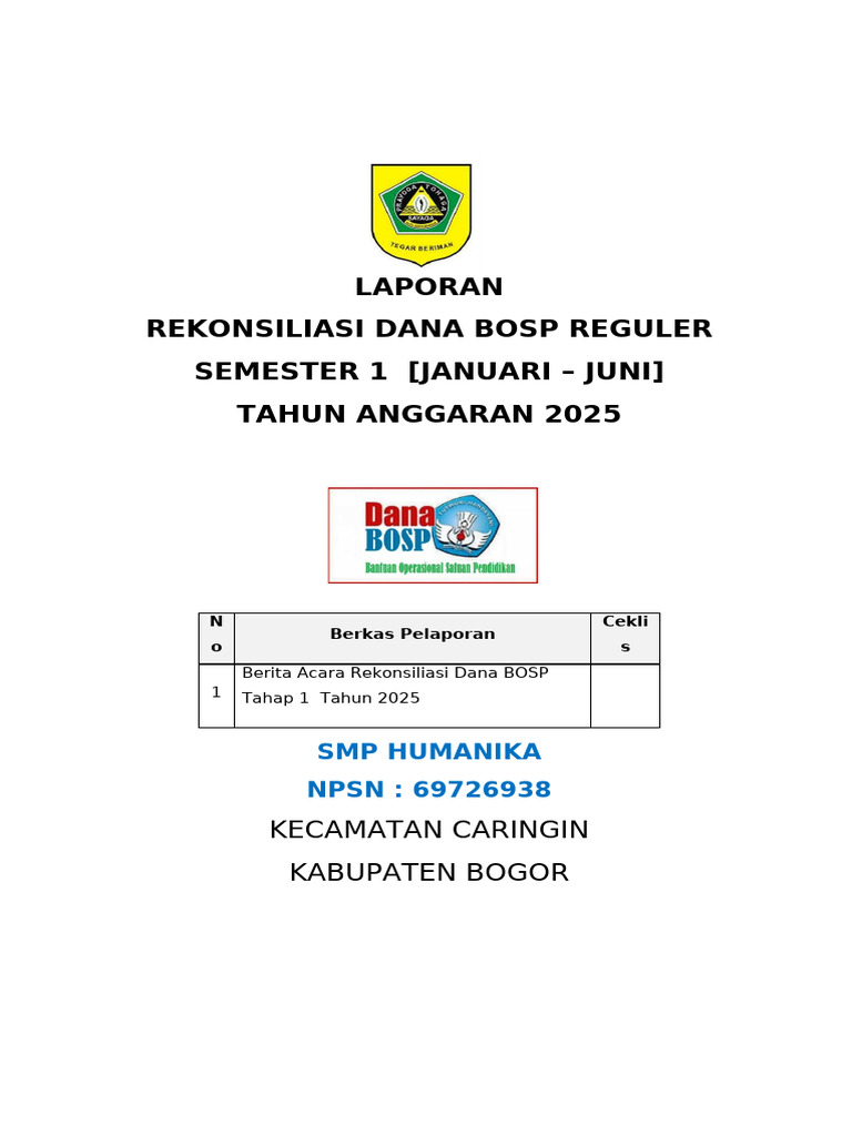 Rekonsiliasi Dana BOSP 2025 Semester 1 | PDF