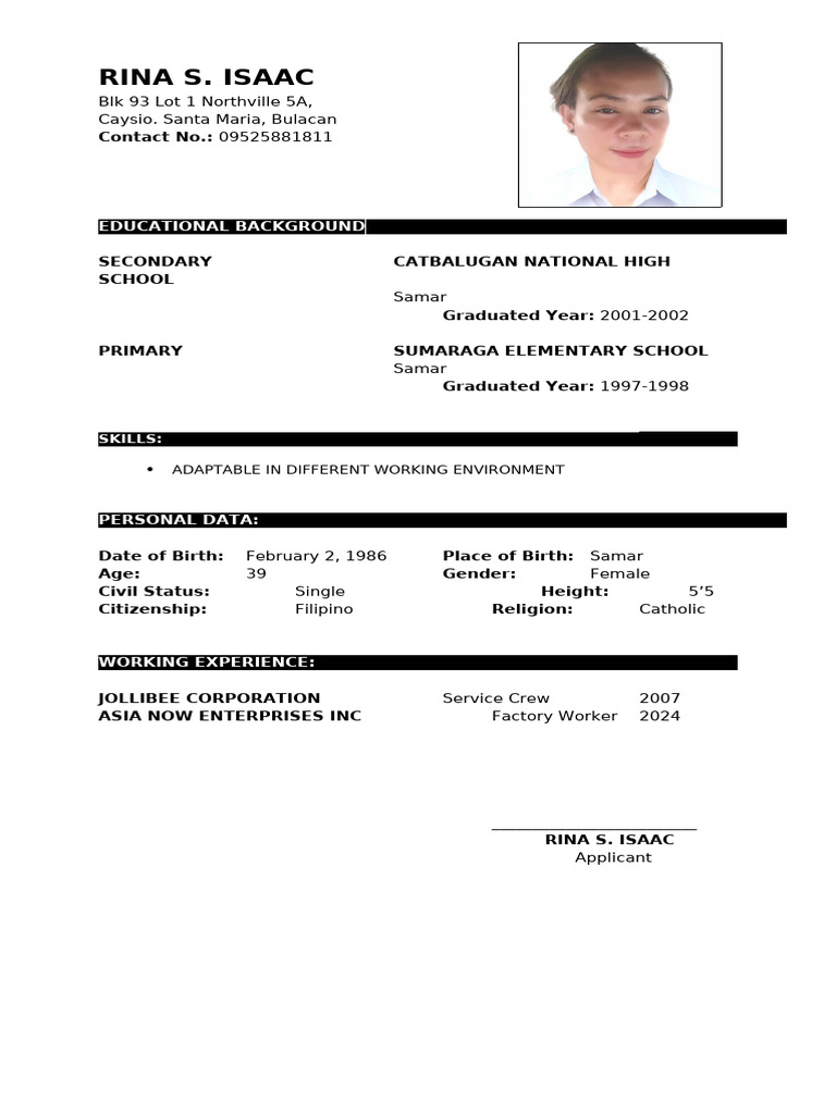 Rina S. Isaac - Job Application Resume | PDF