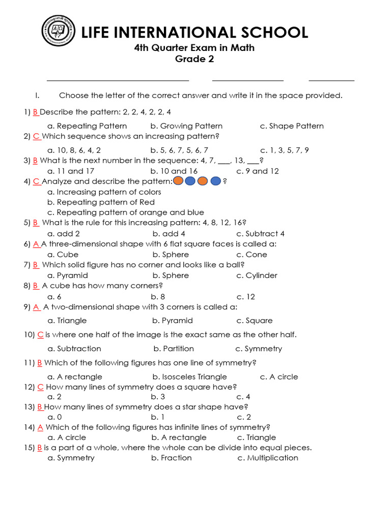 2024-Math Answer Key 4Q Grade2 | PDF | Rectangle | Shape