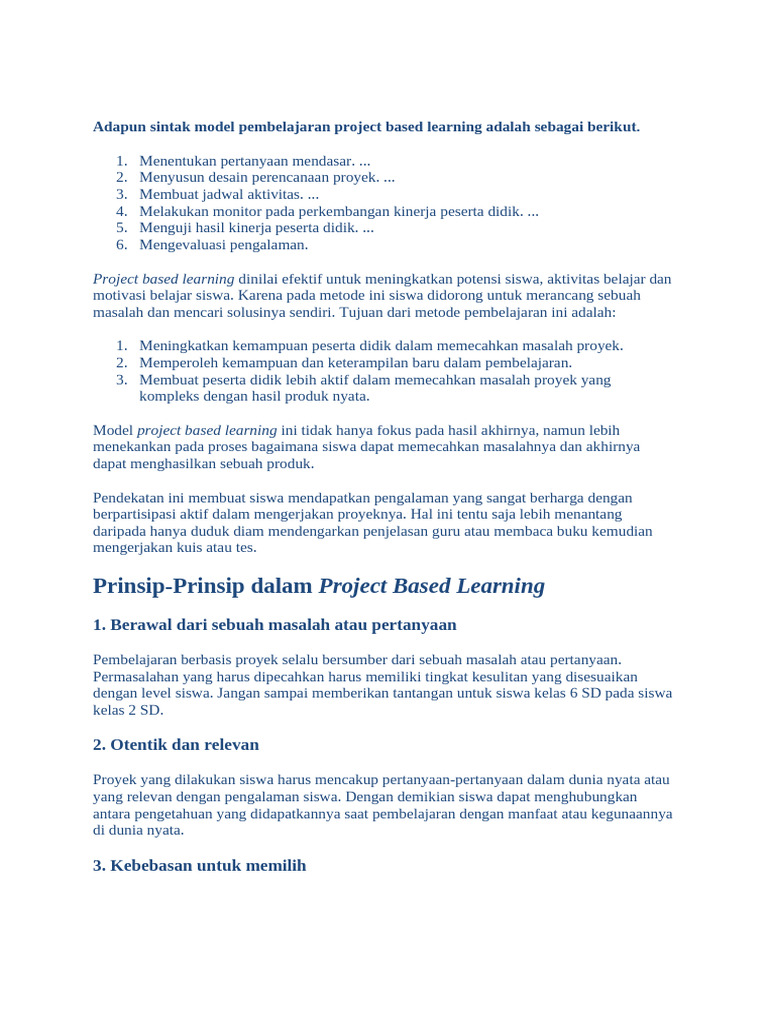 Sintak Pembelajaran Project Based Learning | PDF