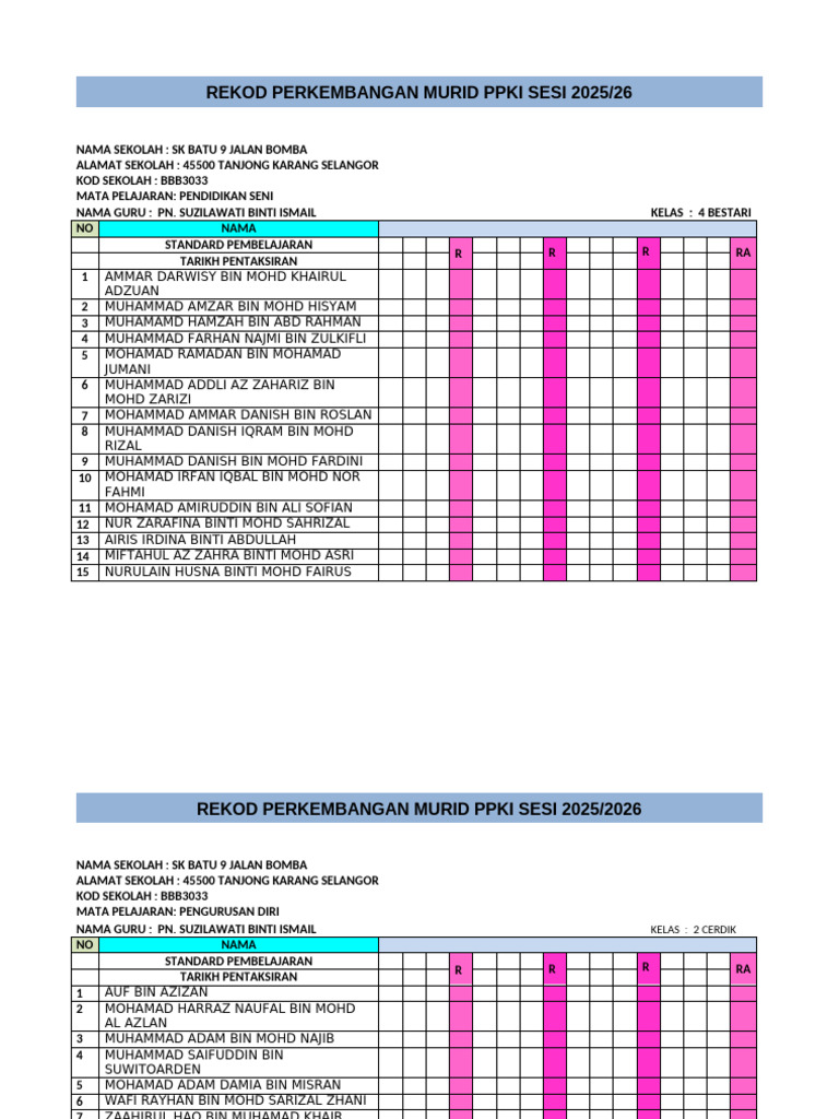 Rekod Perkembangan Murid Suzi | PDF