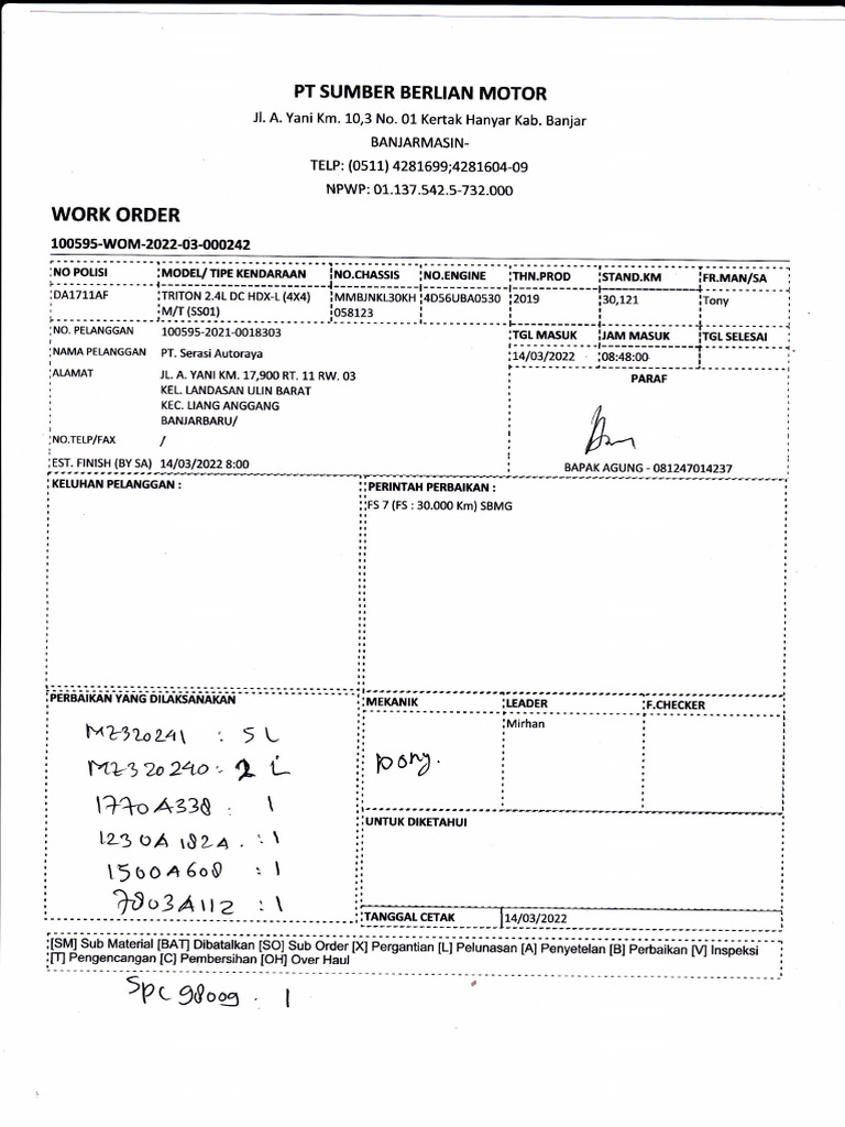 PT Sumber Bertian Motor Work Order | PDF