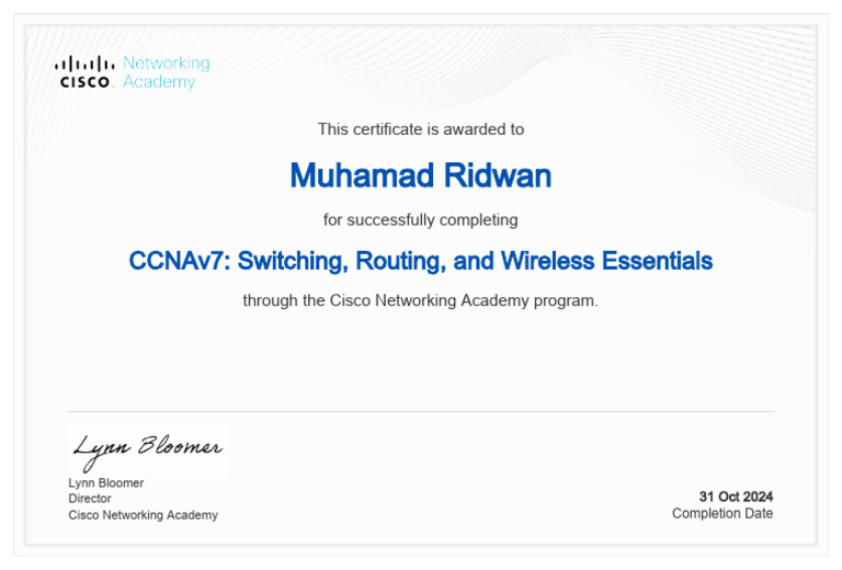 CCNA Switching Routing and Wireless Essentials Certificate Zenss1922 ...