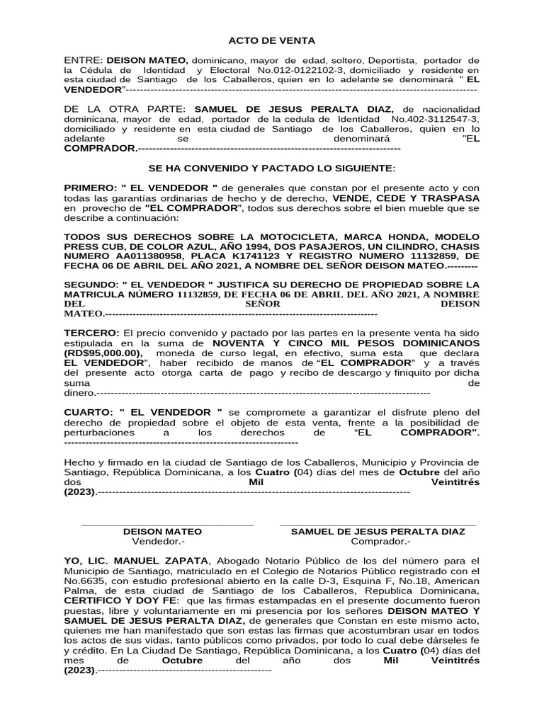 Acto de Venta de Motocicleta Honda | PDF