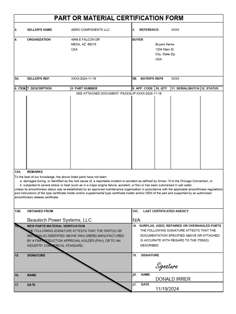 Mesa AZ Parts Certification Document | PDF | Aircraft | Aviation