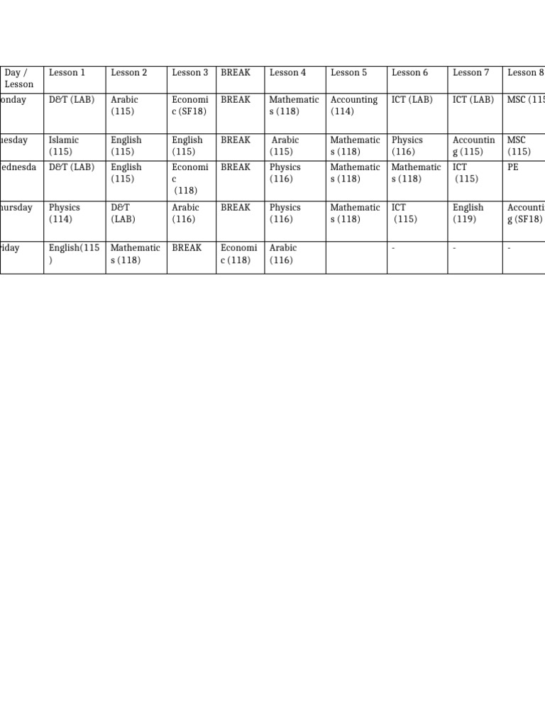 Weekly Class Schedule Overview | PDF
