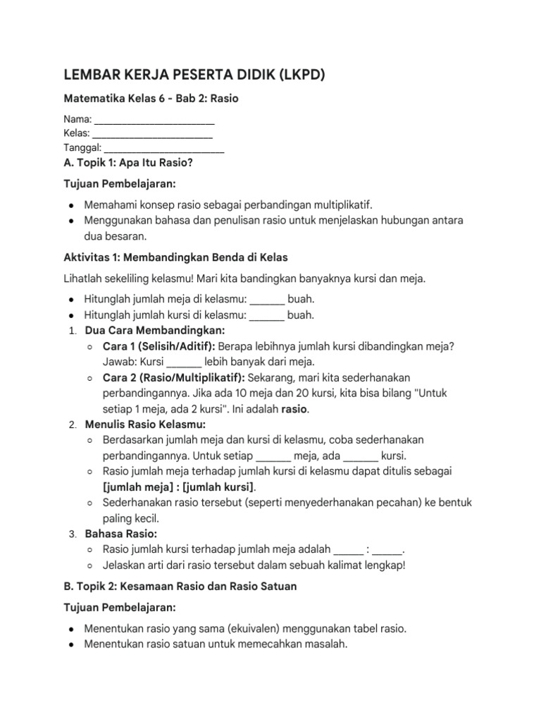 LKPD Rasio Matematika Kelas 6 | PDF