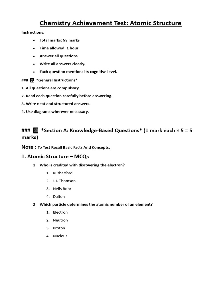 Atomic Structure Achievement Test | PDF | Atoms | Atomic Nucleus