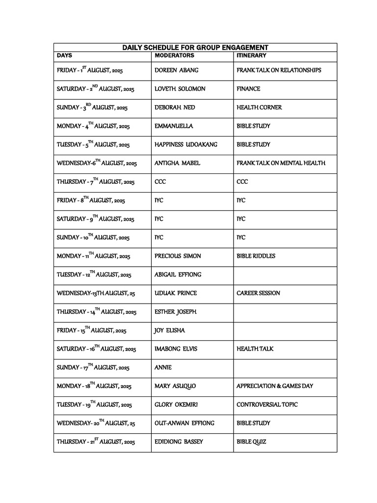 Group Engagement Daily Schedule | PDF