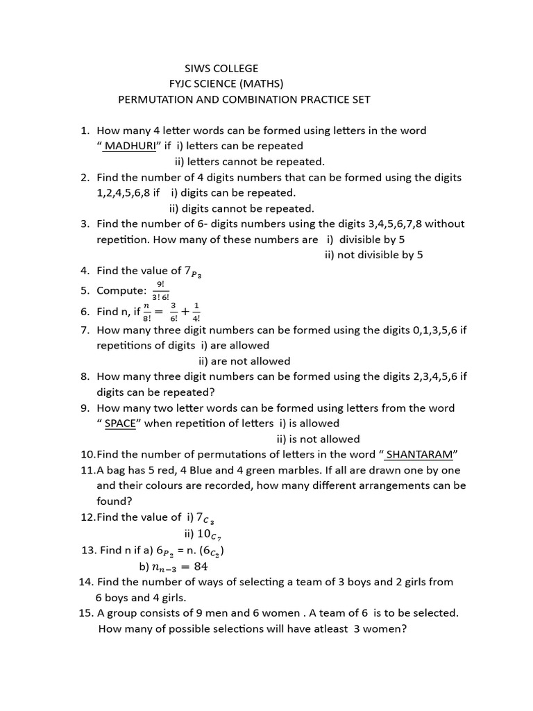 Permutations and Combinations Practice Set 24-25 | PDF