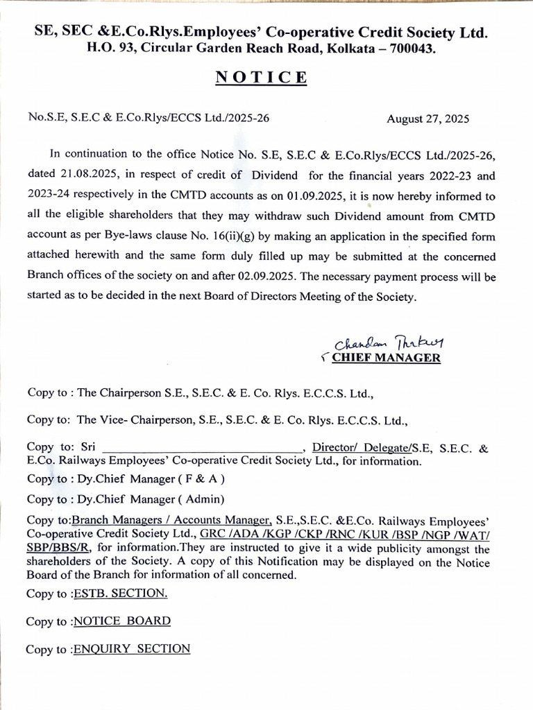 Dividend Withdrawal Notice and Application Format | PDF | Corporations ...