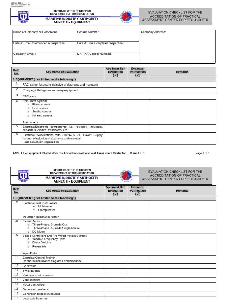 25B ANNEX II Equipment Checklist for ETO and ETR | PDF | Electric ...