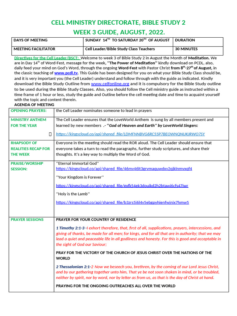 Cell Ministry Directorate, Bible Study 2 Week 3 Guide, August, 2022 ...