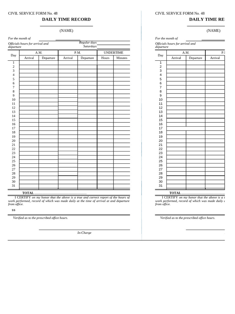 Civil Service Daily Time Record Form | PDF