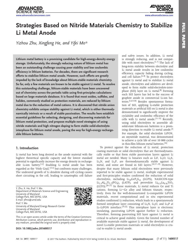 Stabilizing Lithium Metal Anodes with Nitrides | PDF | Lithium Ion ...