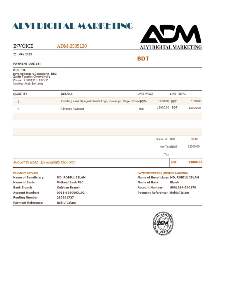Invoice for Digital Marketing Services | PDF