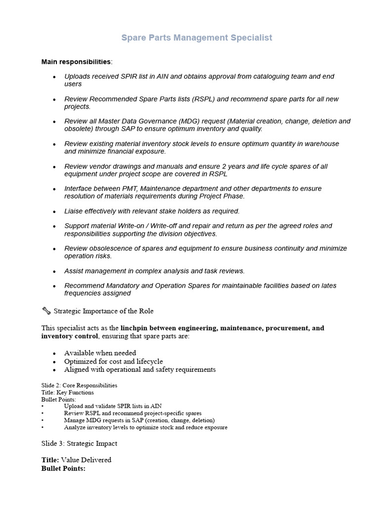 Spare Parts Management Specialist Role | PDF | Inventory | Automation