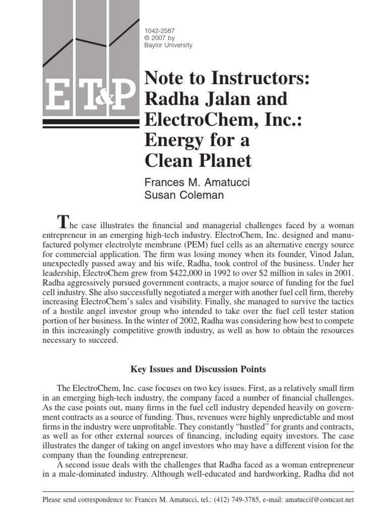 Note To Instructors Radha Jalan and Electrochem, Inc. Energy For A Clean PDF