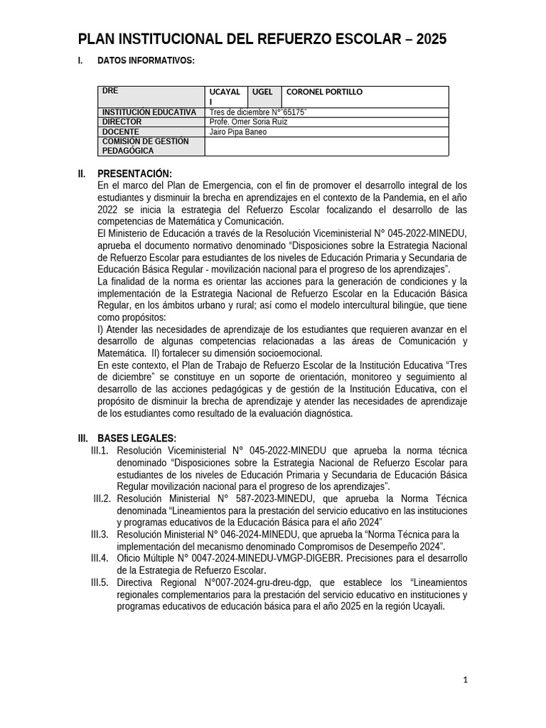 Plan de Refuerzo Escolar 2025 Ucayali | PDF | Geometría | Estadísticas