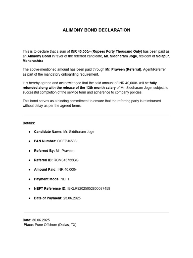 Alimony Bond Declaration Siddharam Joge1 | PDF